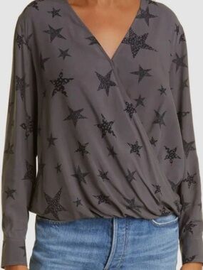 Rails Hillary Top Charcoal Cheetah Stars Surplice Blouse Size L Boho Feminine